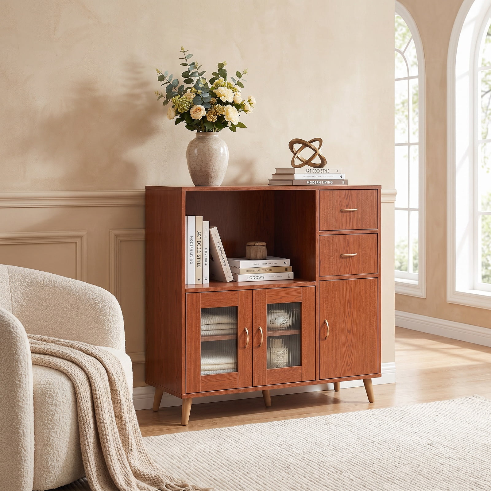 Furnibear 36 Inch Sideboard Buffet Cabinet with Open Compartment for Kitchen Dining Living Room Buffet Storage Server, Brown