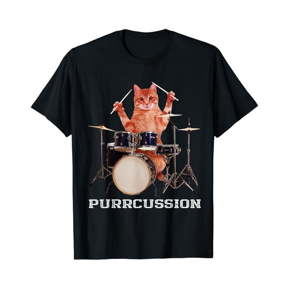 Tiny Nest Purrcussion - Cat Drummer On Drum Set Percussion Pun T-Shirt, Size S To 5XL T-Shirt