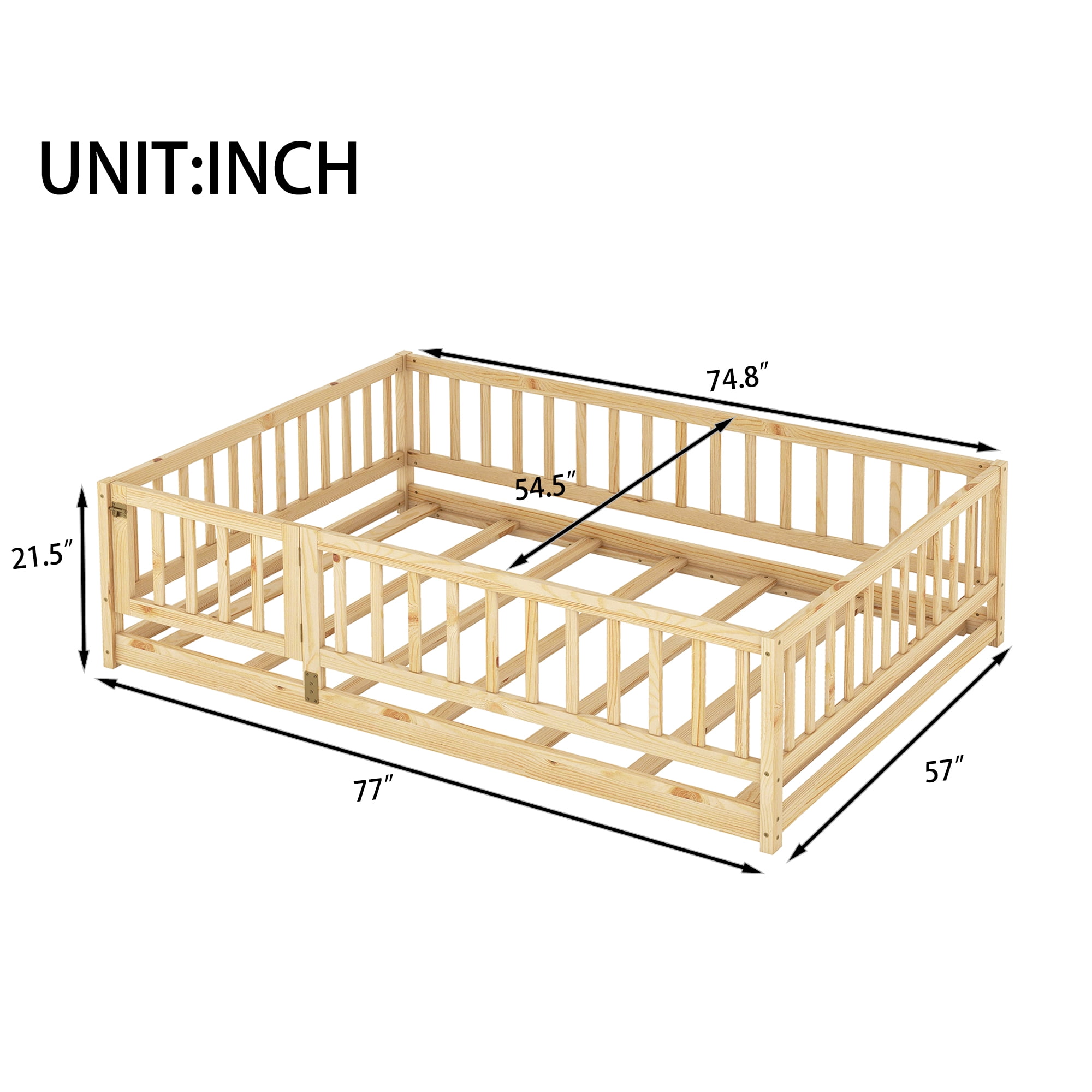 Full Size Montessori Floor Bed with Fence and Door, Solid Wood Kids Bed and Toddler Playhouse Bed with Slats, Oak