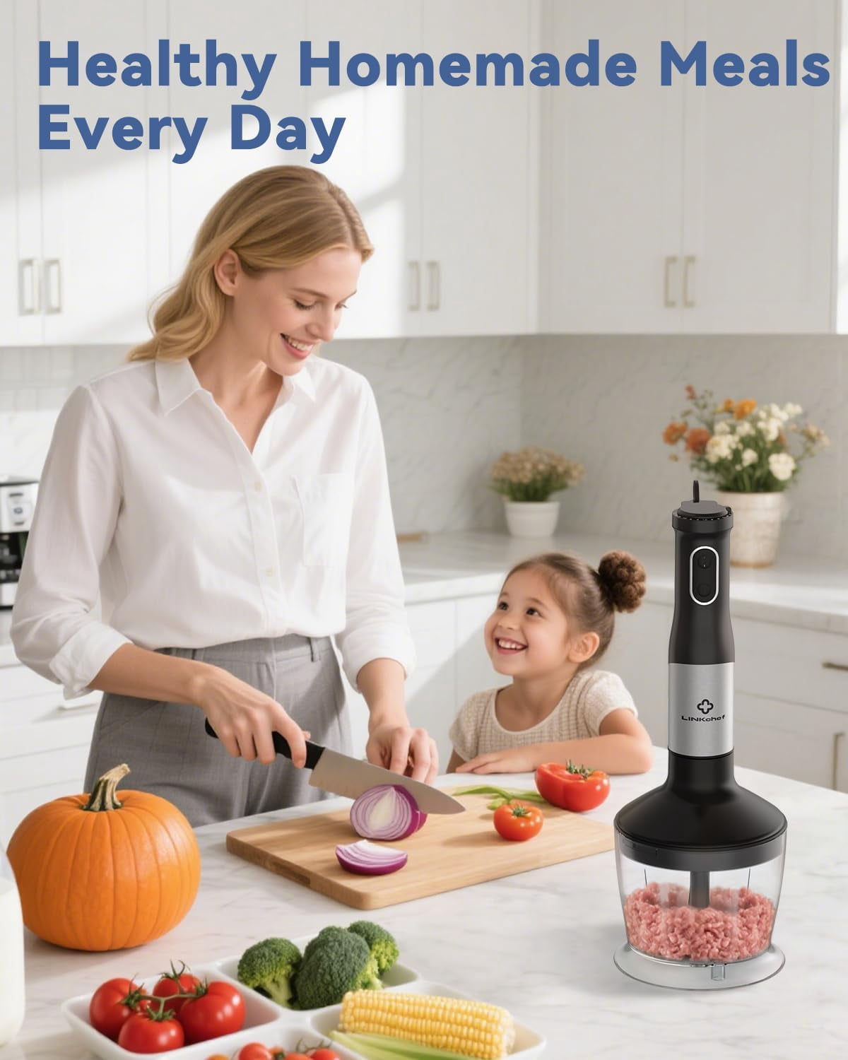 7-in-1 Immersion Blender, 800W Hand Blender with 20 Speeds and Turbo, Scratch-Resistant Guard, 2 Titanium Blades, Whisk, Milk Frother, Food Chopper, Beaker for Soup, Smoothies, Baby