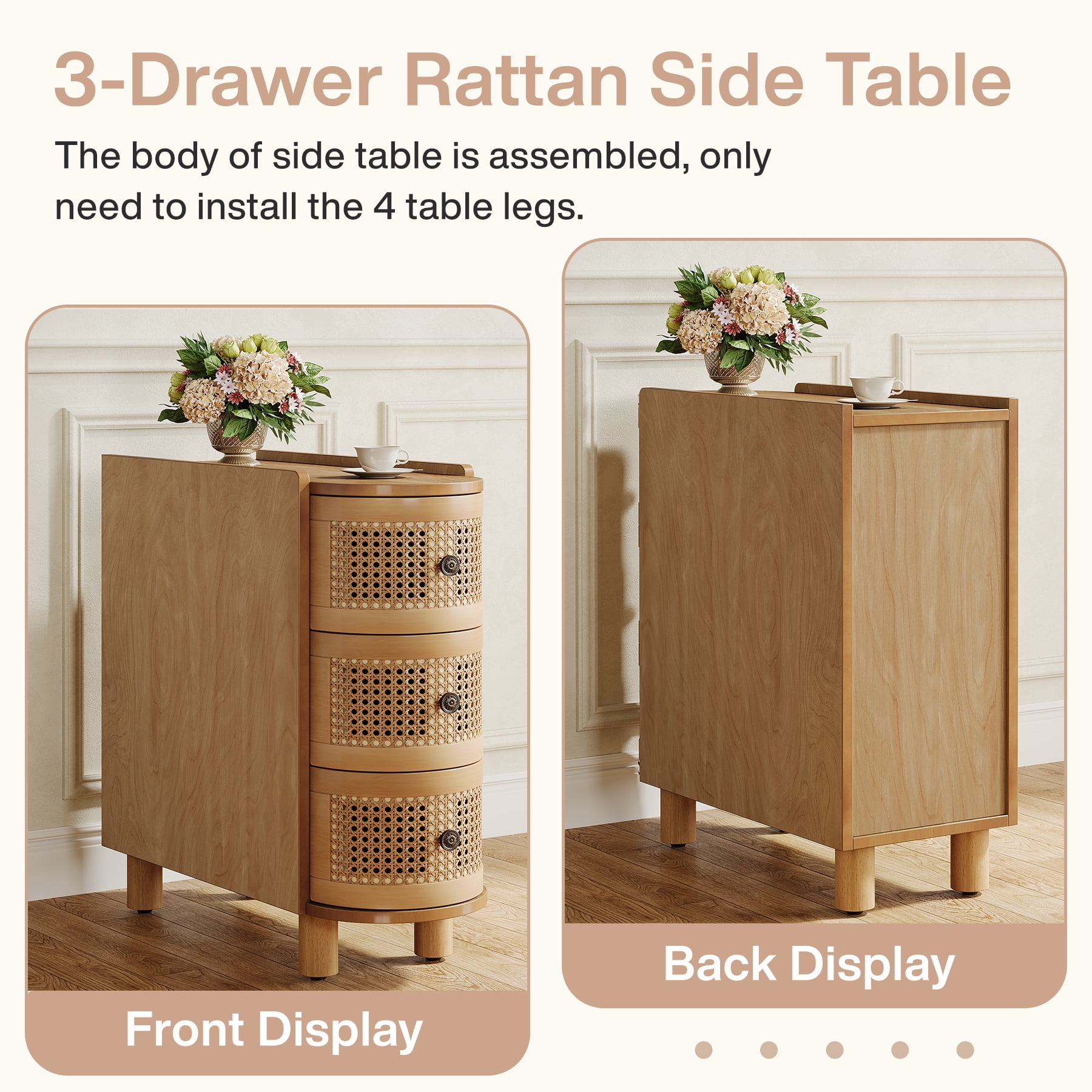 Fnova 26" Solid Wood End Table, Farmhouse Side Table with 3 Rattan Drawers, Slim Sofa Table Nightstand with Vintage Embossed Handles for Living Room, Bedroom, Finished Back, No Assembly