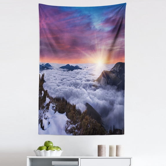 Nature Tapestry, Winter Landscape in the Mountains Sunset Majestic Scenes from the World Photo, Fabric Wall Hanging Decor for Bedroom Living Room Dorm, 5 Sizes, White Brown Mauve, by Ambesonne