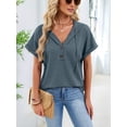 thumbnail image 6 of Women Summer Tops Waffle Knit Short Sleeve Drawstring Hoodies Button V Neck Casual Blouses Shirts Gray-Blue M, 6 of 9