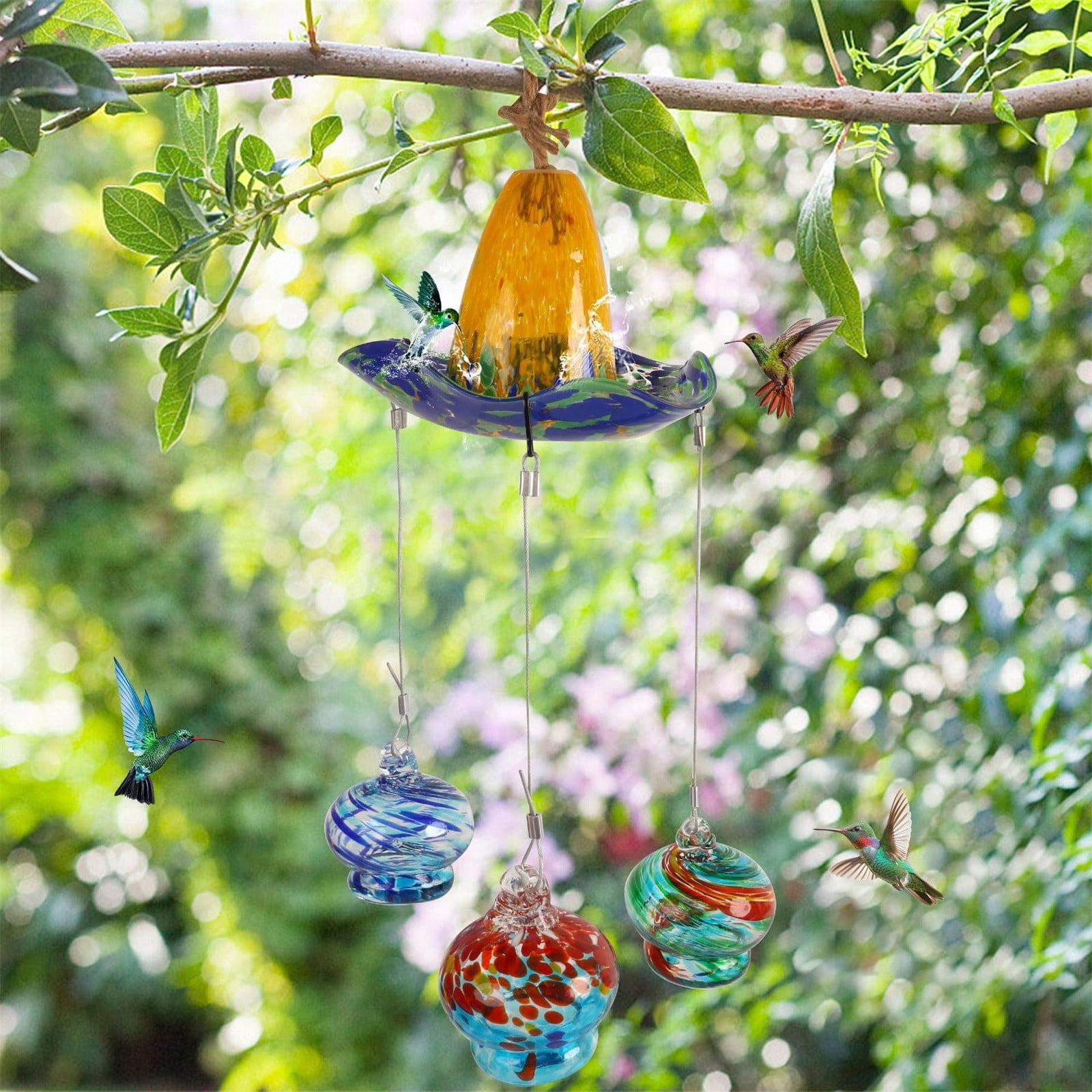 Kugisaki Hanging Bird Bath with 3 Pack Glass Hanging Hummingbird Feeders for Outdoors Glass Humming Bird Feeders Garden Decor for Outside