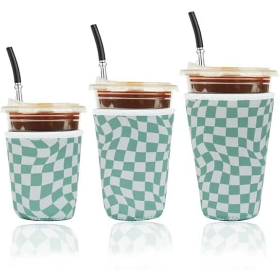 Reusable Insulated Neoprene Iced Coffee Cup Sleeve, Durable Drink Sleeve for Cold Beverages, Beverage Holder for Iced Coffee, Wavy Grid