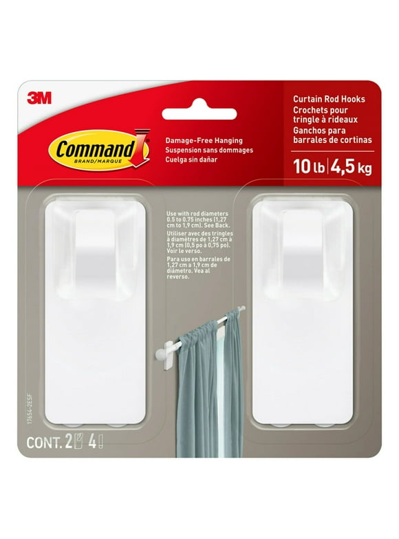Command White Curtain Rod Hooks, 2 Hooks, 4 Adhesive Strips