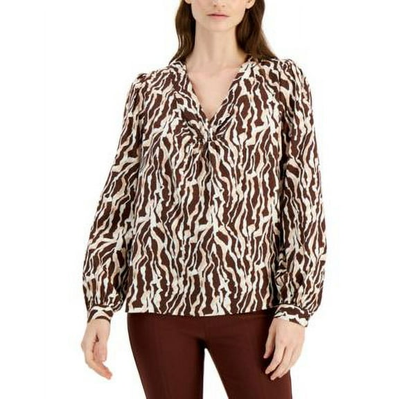 MSRP $70 Alfani Printed Blouson-Sleeve Top Brown Size Small