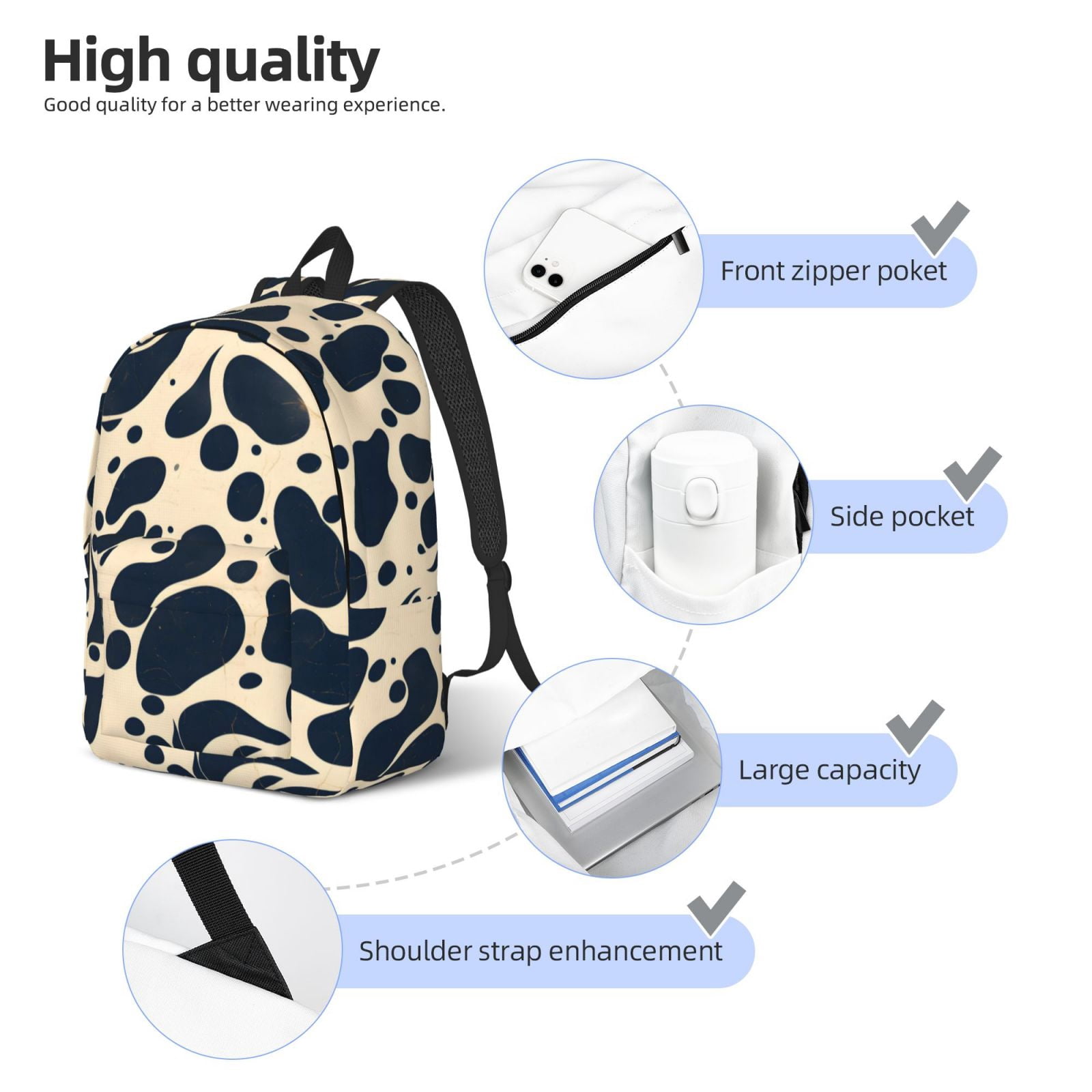 Casual Canvas Backpack Without Interlayer Large Capacity Stick Bag Design For Outdoor Shopping Office Outdoor Sports Milk Cow Skin Print Style Darkvoilet_1 Medium