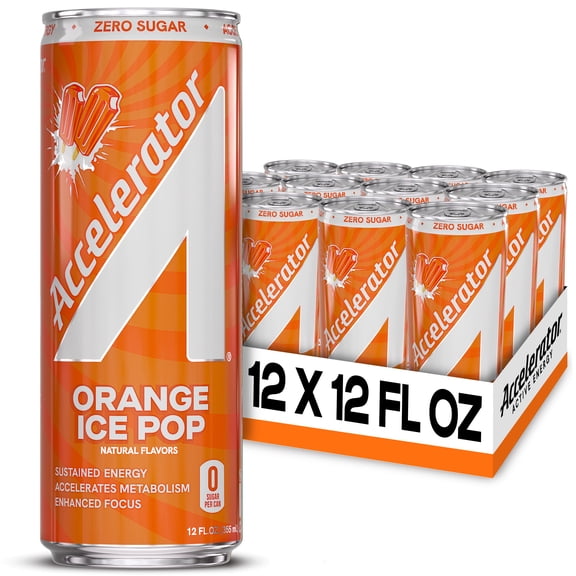 Accelerator Energy Drink, Orange Ice Pop 12 fl oz can (12 pack), Zero Sugar, Sustained Energy from 100% Natural Caffeine (200mg from Green Coffee Bean & Green Tea extract)