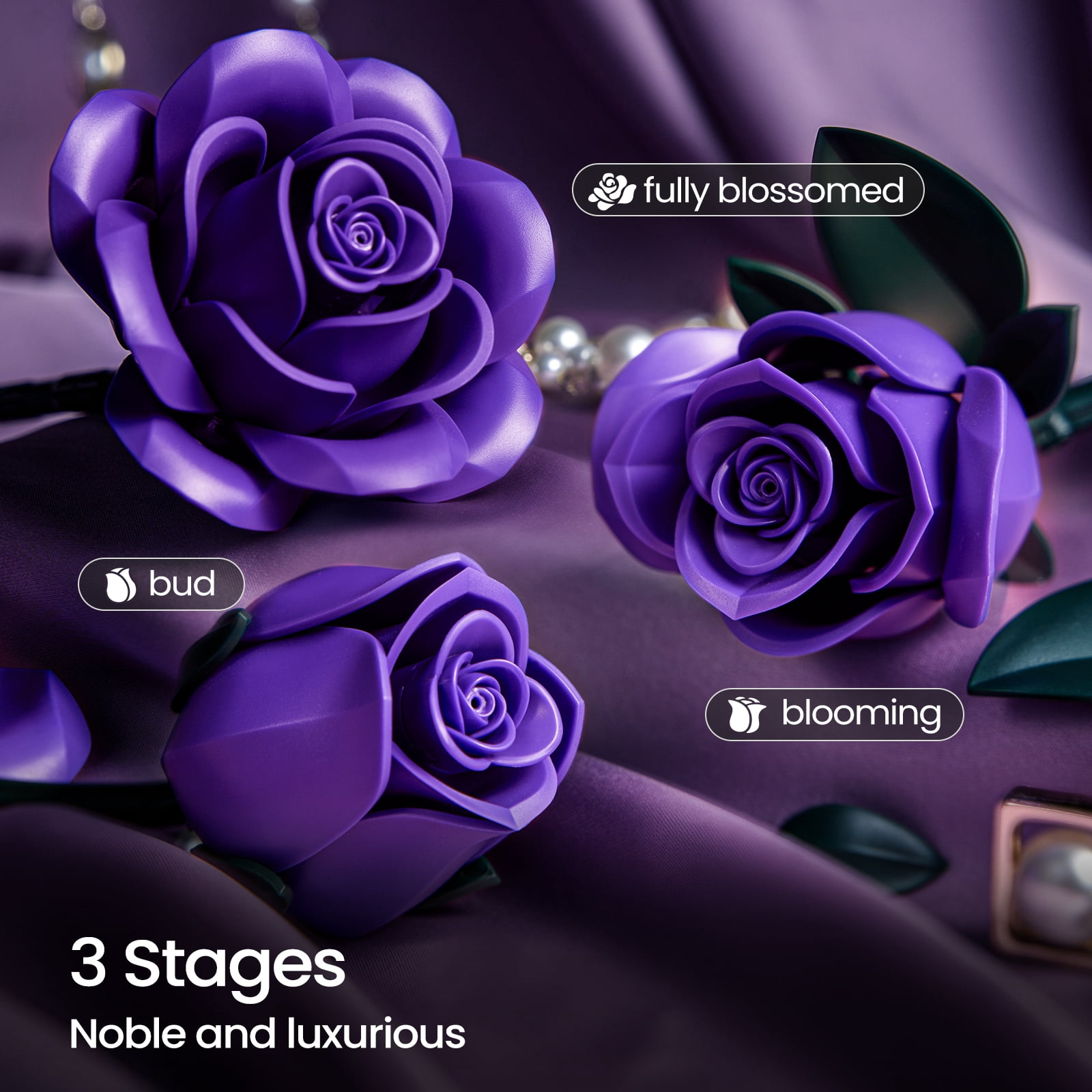 Purple Rose Bouquet Building Set, Purple Flowers for Adults Women, Botanical Collection Gift for Halloween & Valentines - Artificial Plant Gothic Home Decor