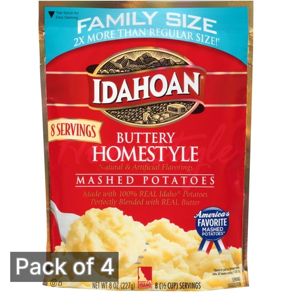 Idahoan Mashed Potatoes, Buttery Homestyle Family Size 8 oz Pouch (Pack of 4)