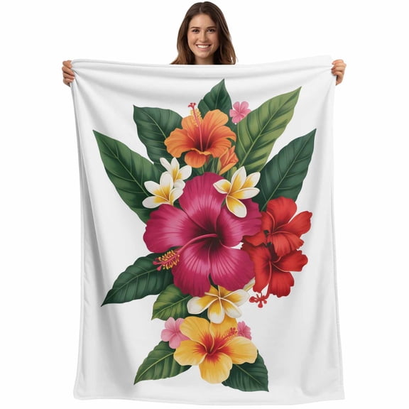 Pink Red Yellow Hibiscus Blanket Soft Cozy Warm Twin Blanket for Bed, Plush Fuzzy Flannel Fleece Blankets for Sofa, Farmhouse Tropical Floral Throw Blankets for Couch, Gifts for Men, 60"x80"