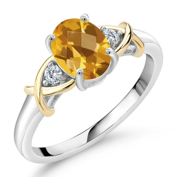 Gem Stone King 1.33 Cttw Yellow Citrine and Lab Grown Diamond Ring for Women | 10K Yellow Gold and 925 Sterling Silver | Gemstone November Birthstone | Oval Checkerboard 8X6MM | Size 7