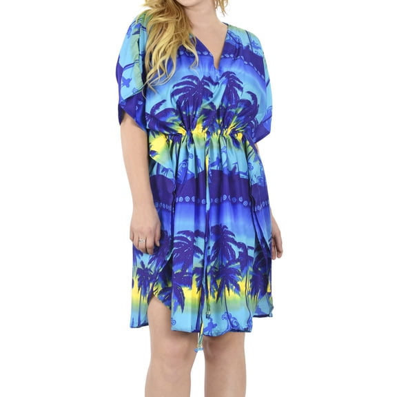 HAPPY BAY Women's Loungewear Loose Caftan Mini Summer Housecoat 2X-3X Blue_E635