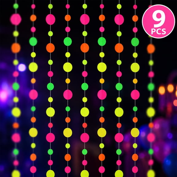 Neon Party Decorations Colorful Paper Dot Garlands, Multicolor Hanging Round Streamers, 9 Pack 118 ft Total for Glow Party Birthday Wedding Halloween
