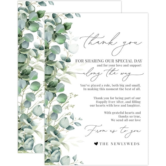 Eucalyptus Wedding Thank You Place Cards - Pre-Made Message, Perfect for Guests, Table Settings, Framing on Wedding Table, Reception Decor - Elegant Greenery Design (Eucalyptus)