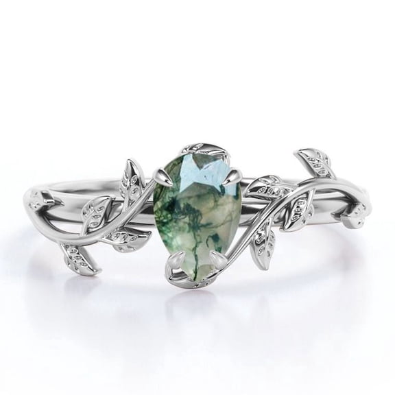 JeenMata Botanical Design - 1 Carat Pear Cut Druzy Scenic Moss Green Agate - 4 Prong Engagement Ring - 18K White Gold Plating over Silver