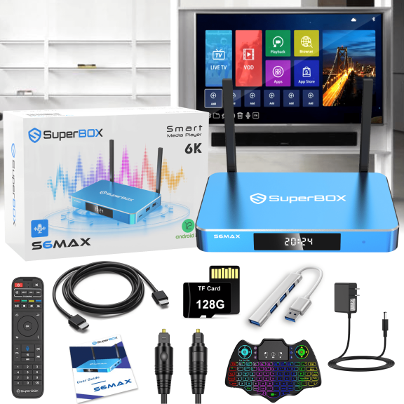 Super Box S6 Max 4G 64G Storage 2025 Full Loaded with 64G TF Card, Keyboard, USB Hub, Voice Remote, Audio Cable, HDMI Cord, Power Supply and Manuals