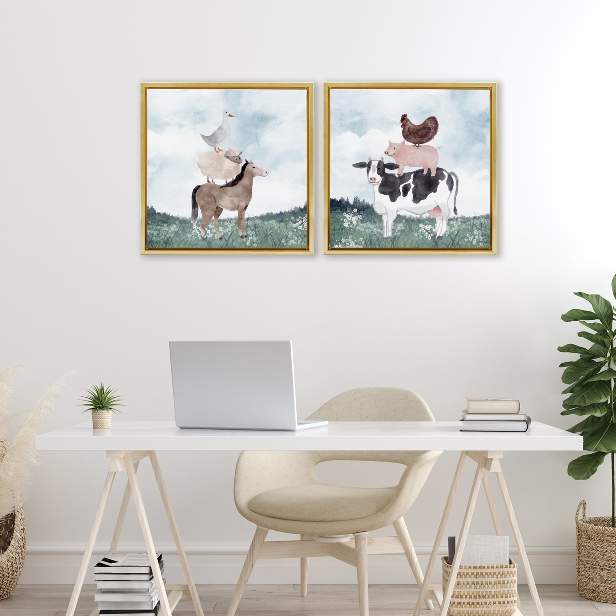 Stupell Industries Stacked Animals Blue Sky Farm 2 Piece Gold Framed Floater Canvas Set, design by Kim Allen