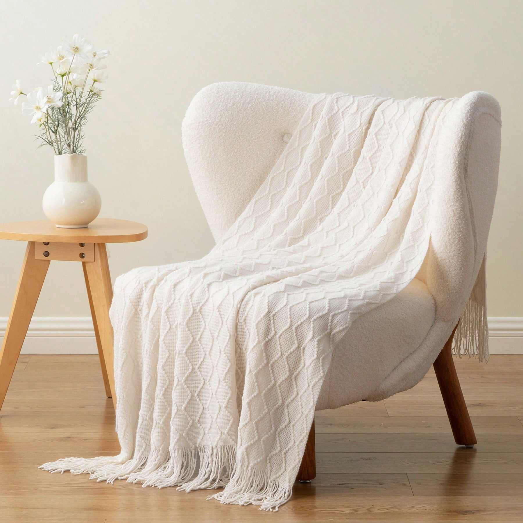 Battilo Ivory White Knitted Throw Blanket, Boho Decorative Throws,Lightweight Knit Blanket for Sofa,50"x60"