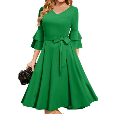 Summer Dresses For Women 2025 Plus Size  Formal Wedding Guest Dress Elegant Bell Sleeve Cocktail Party Church Midi Evening Dress Brown Shoes Men Sparkly Dresses Short Dresses (M  Green) ZMTing