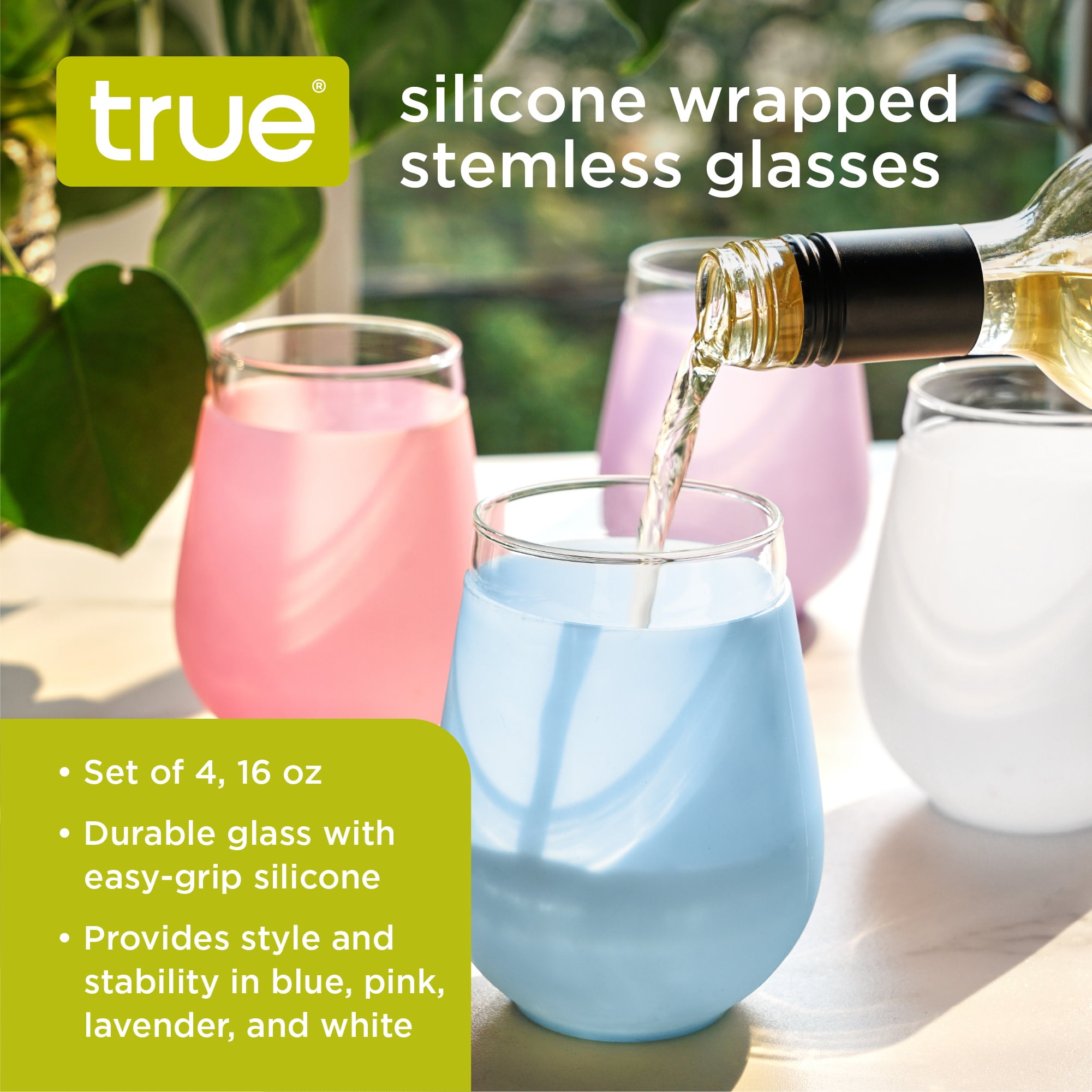 True Silicone Wrapped Stemless Wine Glasses, 16oz Set of 4 Multicolor