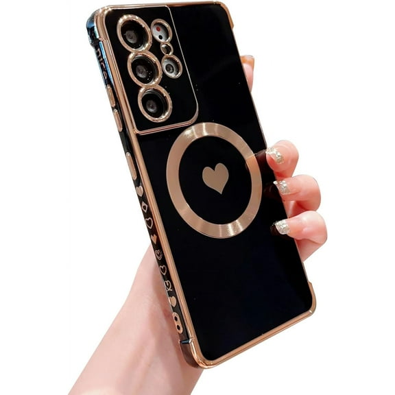 Magnetic Phone Case for Samsung Galaxy S21 Ultra [ Compatible with MagSafe ] Cute Heart Case for Women Luxury Plating Camera Lens Cover Protect Soft Bumper for S21 Ultra 6.8" (Black)