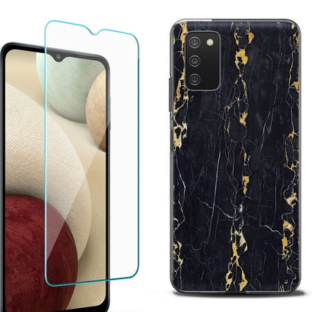 Slim-Fit Protective Fashion Phone Case (Black) for Samsung Galaxy A03s with Tempered Glass Screen Protector by OneToughShield ® - Marble / Gold/Black