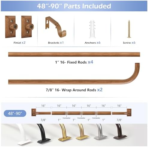 Boho Wrap Around Curtain Rod for Windows 48 to 90 Inch:Heavy Duty Blackout Curtain Rods Room Darkening,1"Wood Wraparound Curtains Rod Curved Black Out Adjustable for Bedroom Kitchen（All Matel）