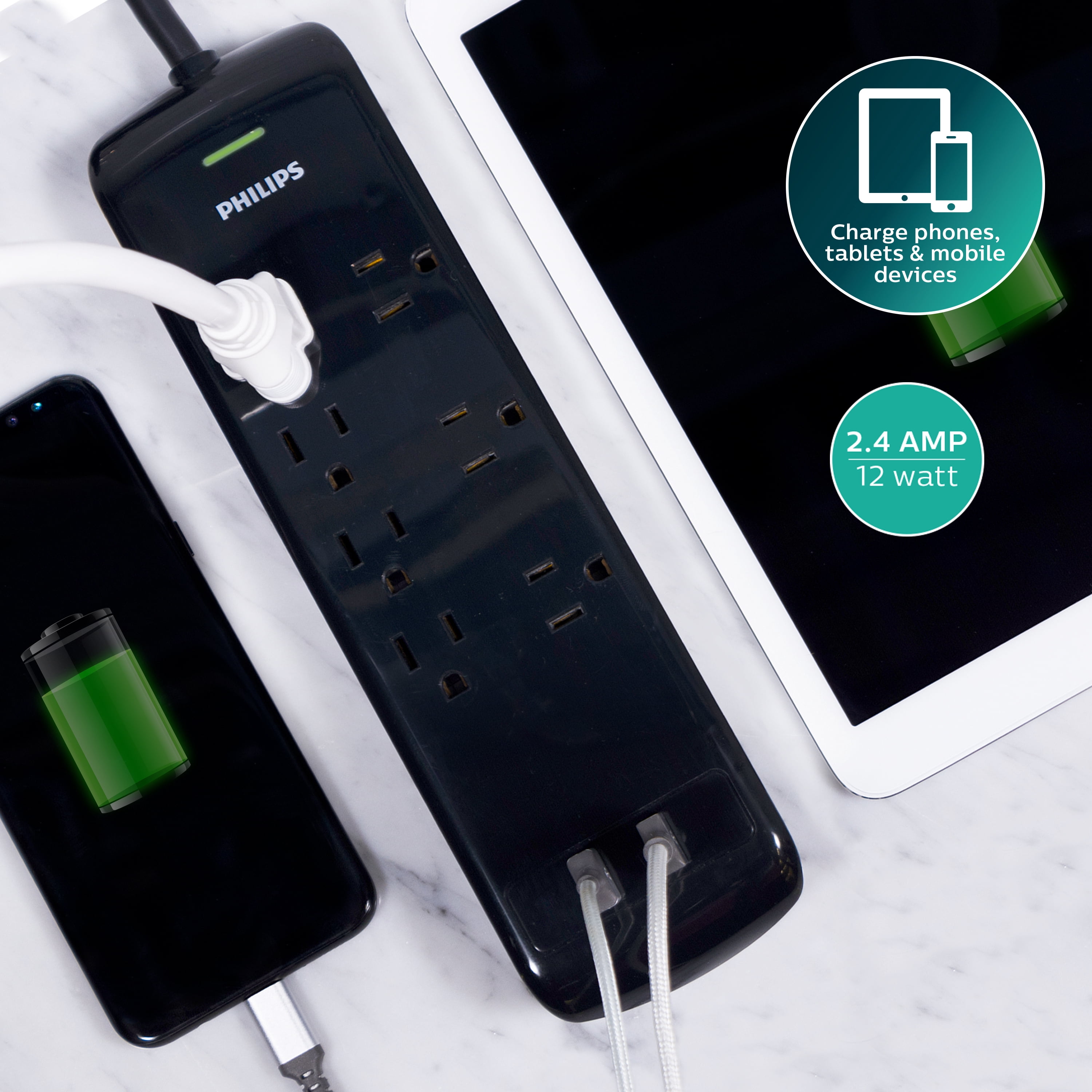 Philips Elite 7-Outlet Surge Protector with USB, 2 Ports, 2.4A, 1440J, 4ft Cord, Black