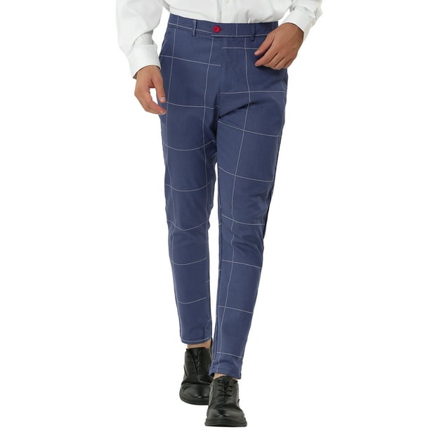 Men's Business Checked Trousers Slim Fit Flat Front Plaid Dress Pants