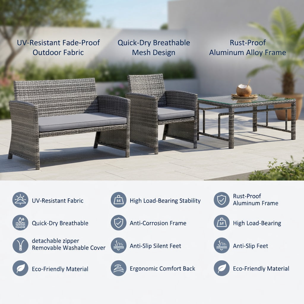 Hommoo 4-Piece Outdoor Rattan Patio Furniture Set, PE Wicker Loveseat, 2 Single Chairs & Tempered Glass Coffee Table for Backyard, Balcony, Garden, Gray