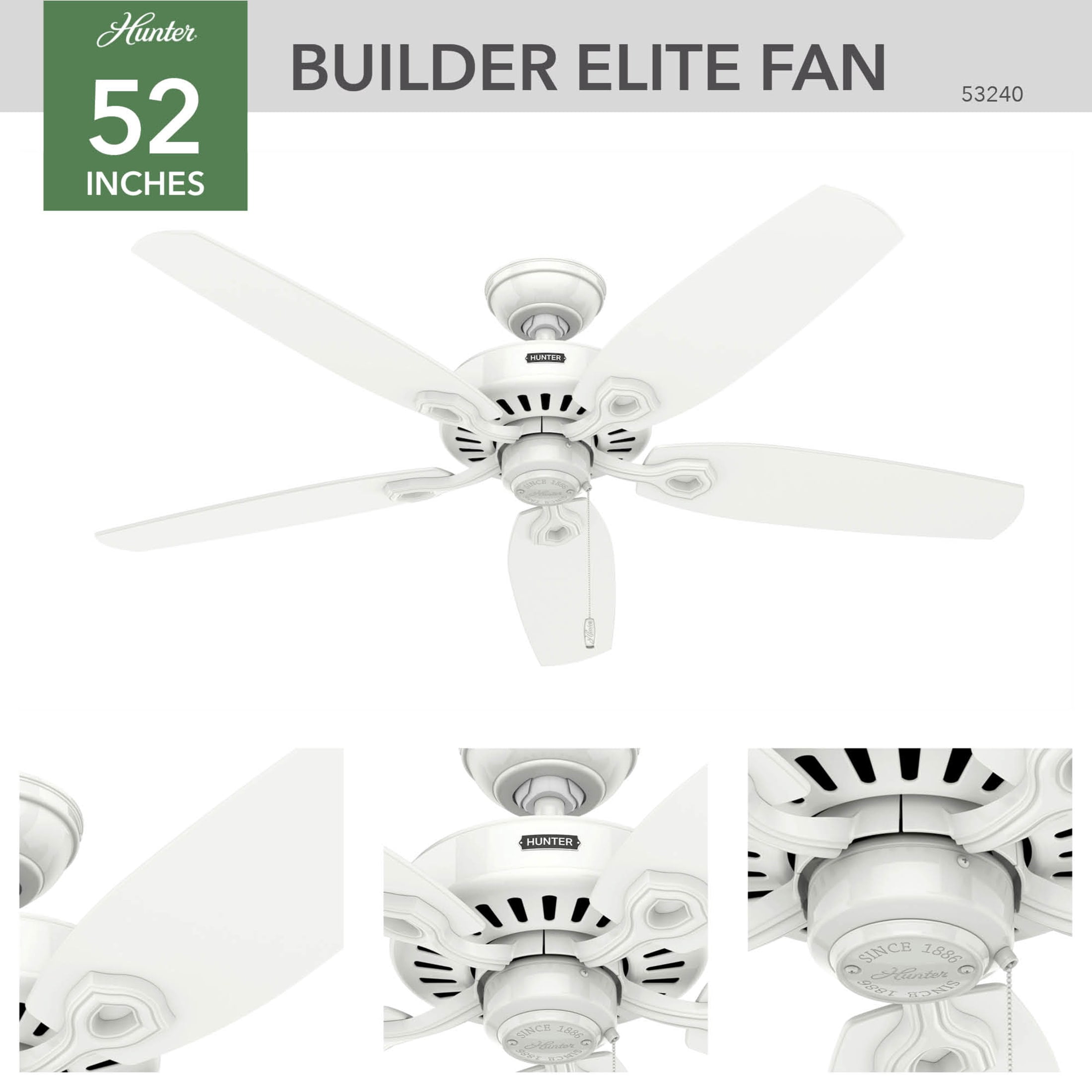 Hunter - Builder Indoor Ceiling Fan, 52-inch, Snow White, Traditional-style, 3-speed WhisperWind Motor, 53240, for living rooms, bedrooms, home offices, kitchens