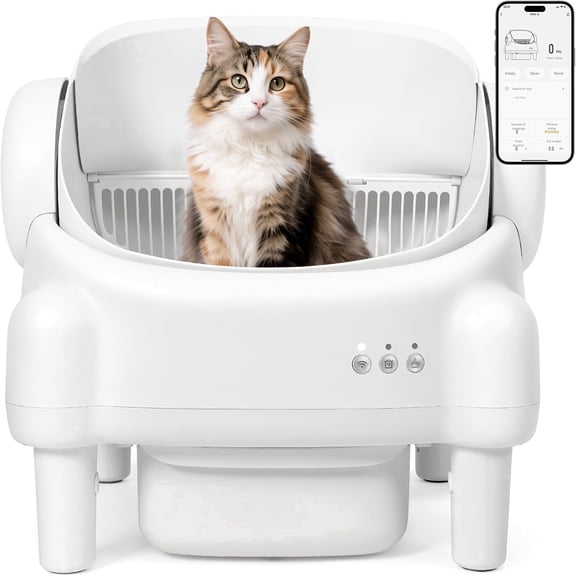 Self Cleaning Litter Box,Open Top Automatic Litter Box with App Control for Multiple Cats, Safety Sensors Protection, Odor Control Includes 2 roll Liners,Large Waste Bin, Cream White