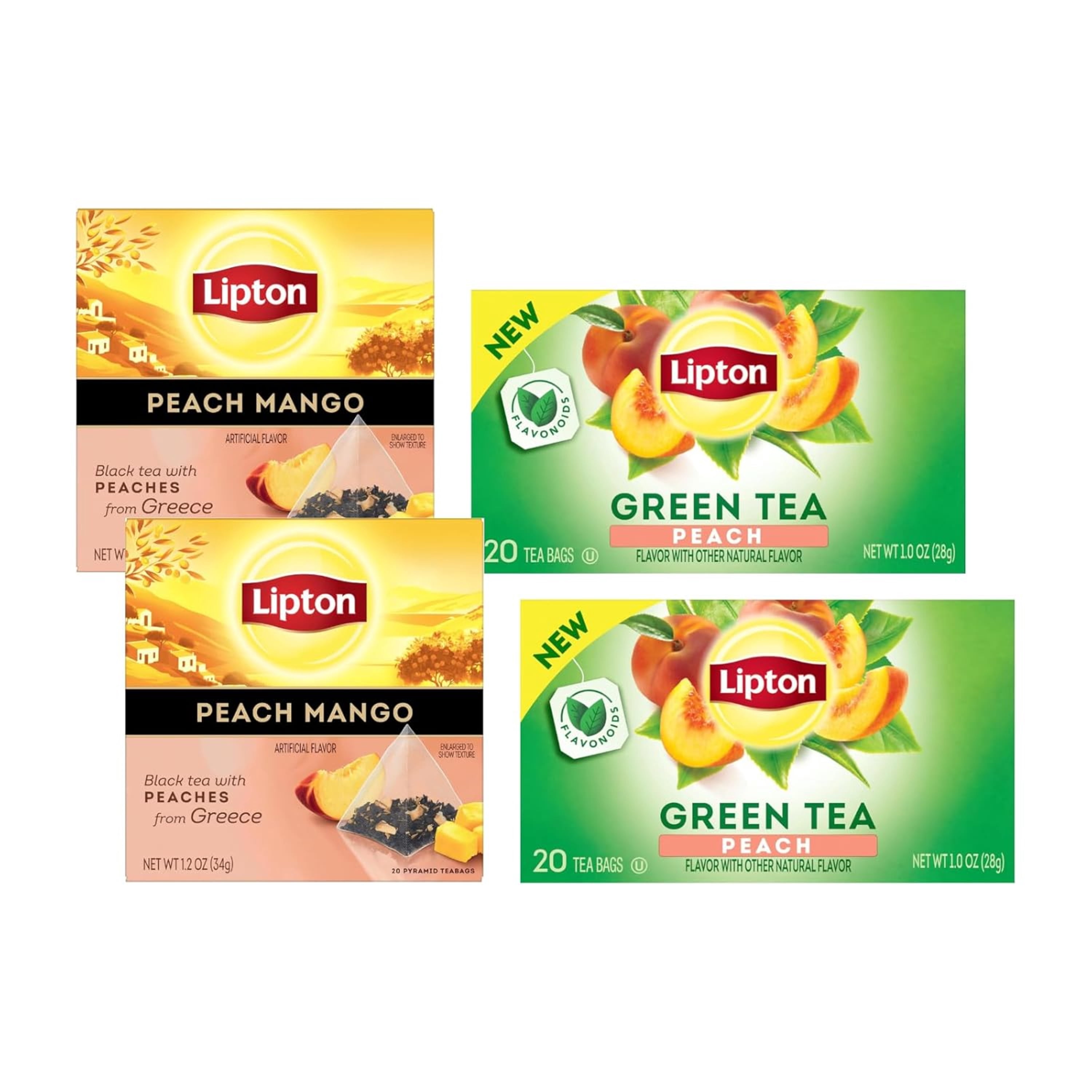 Lipton Peach Green Tea & Peach Mango Black Tea Variety Pack, 80 Tea Bags Total (4 Boxes x 20 Count), Flavored Hot or Iced Tea Bags, With Caffeine