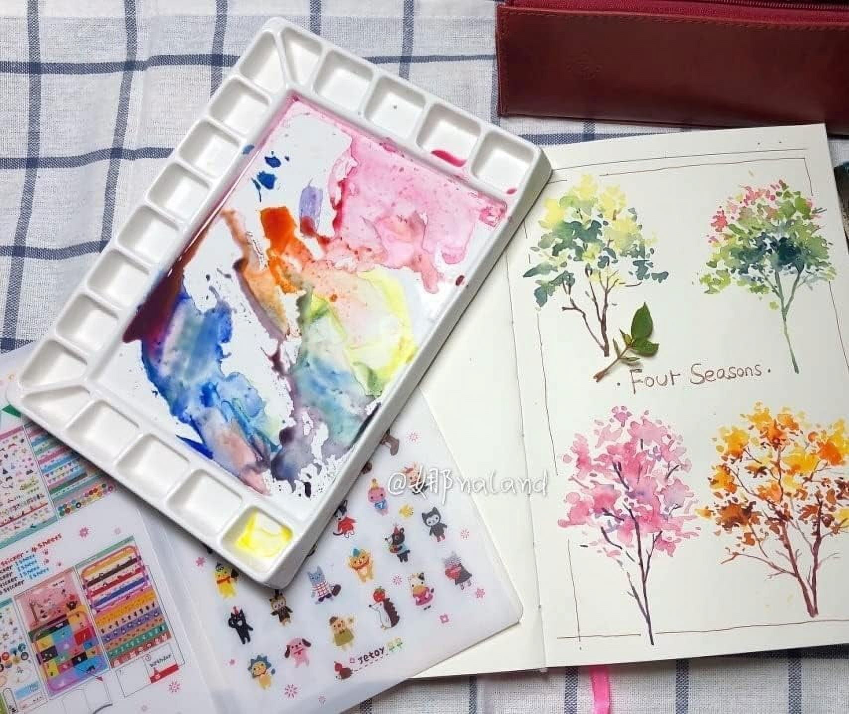 Ceramic Watercolor 18well Rectangle Artist Professional Paint for Acrylic,Gouache Painting Ceramic Mixing Tray (Porcelain) (7.8x5.7in(with Box))