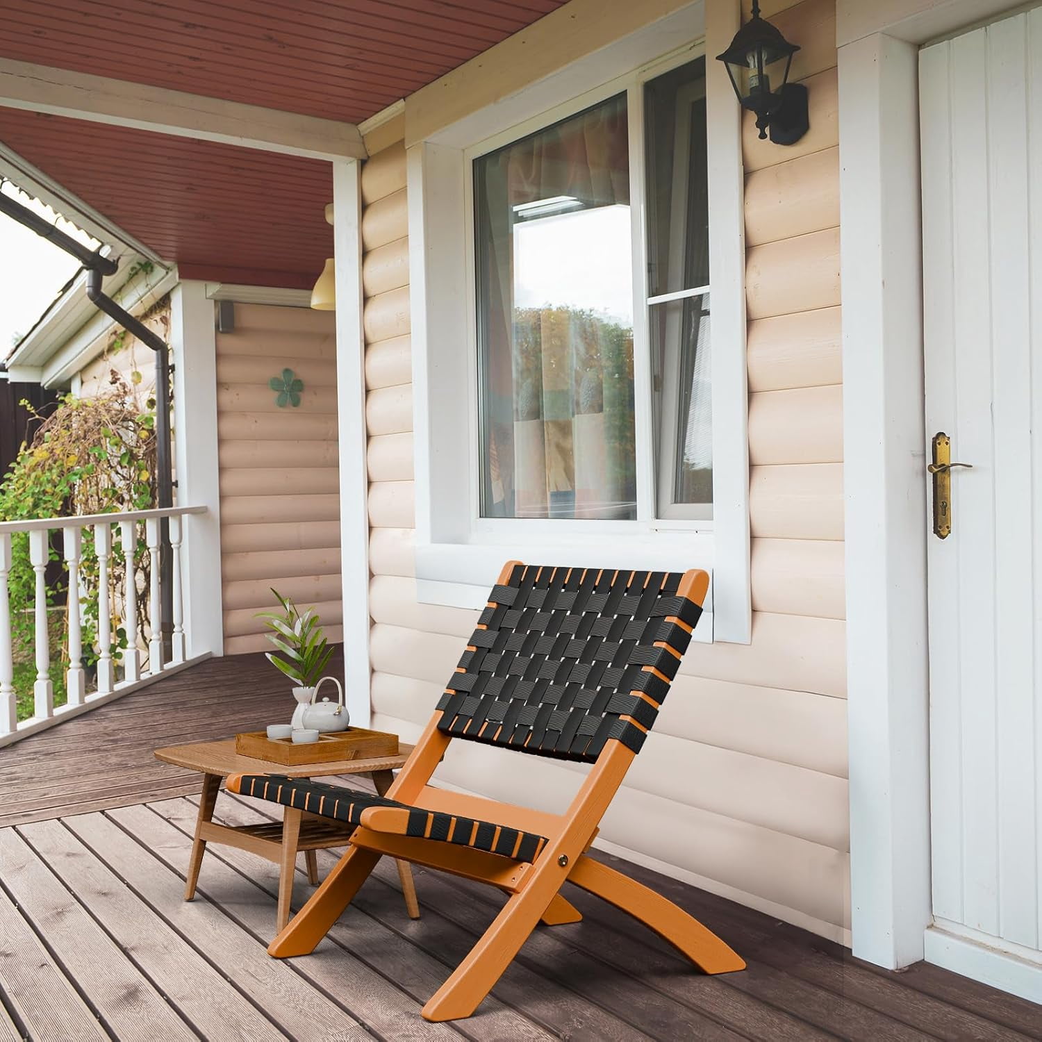 WLTER Wooden Outdoor Chairs, Portable Rattan Folding Chair with Low Webbing Seat and Backrest, Adirondack Chairs, Ideal for Patio, Lawn, Garden, Fishing, Black, 1 Pack