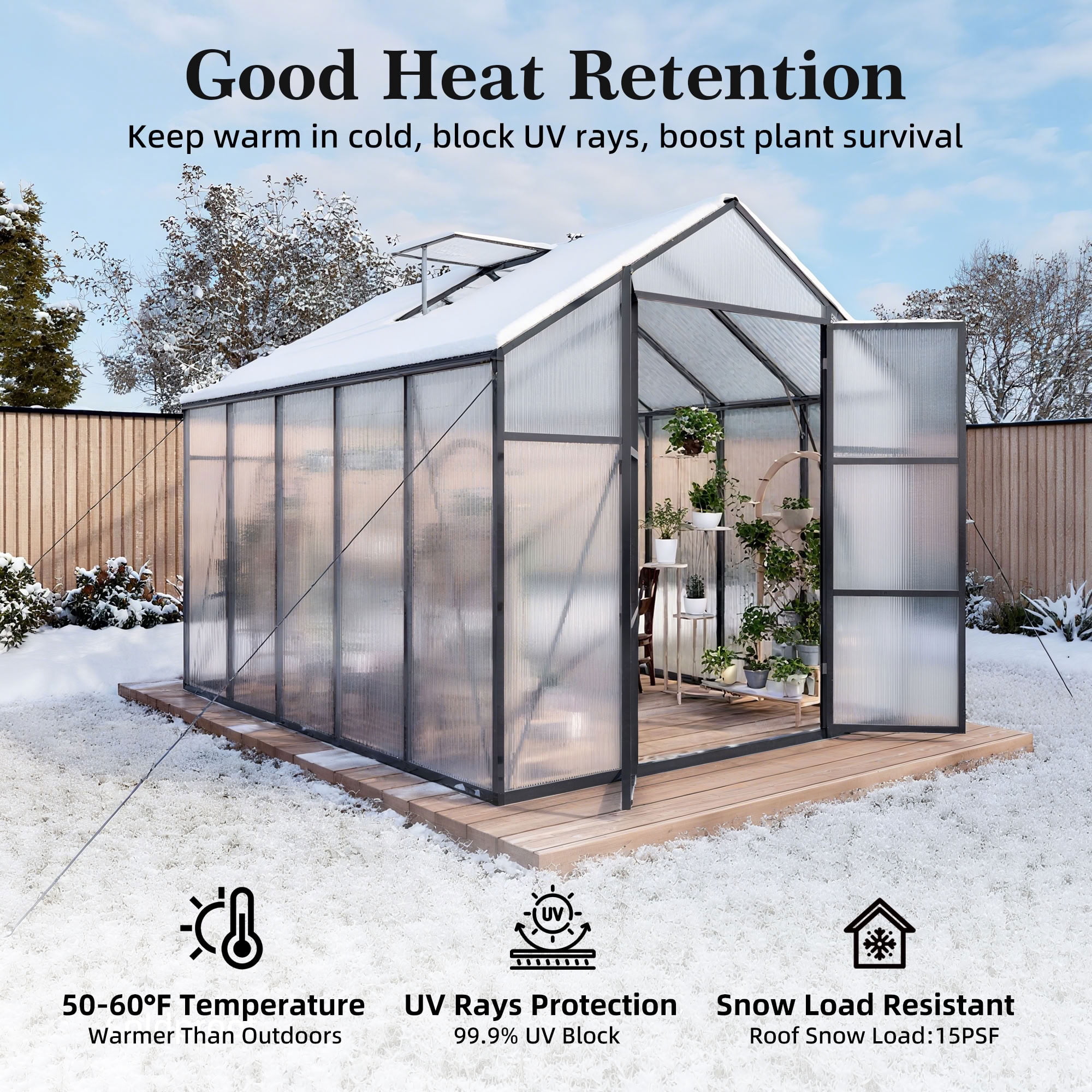 MAYEERTY 8x10 FT Walk-in Greenhouse with Aluminum Frame, All-Season UV-Protected Outdoor Greenhouse with Drainage