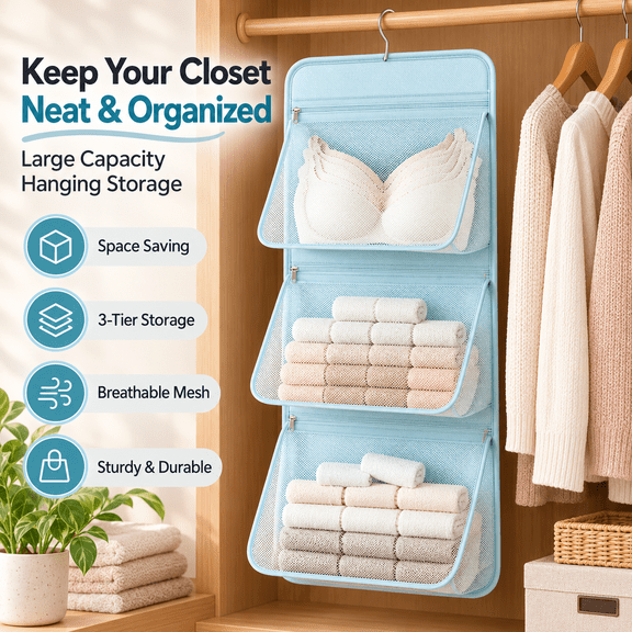 3-Tier Hanging Organizer with Large Mesh Pockets, Space-Saving Storage Organizer with Metal Hook for Bathroom, Closet, Bedroom and Laundry Room, 32.3 x 15.7 in, Light Blue