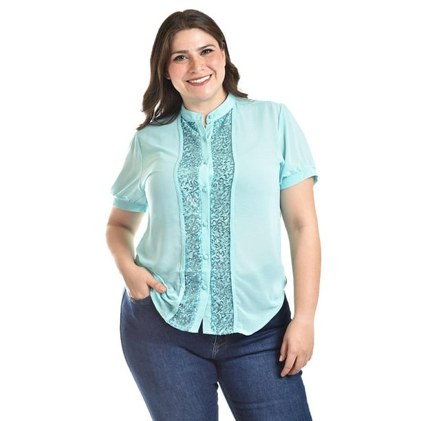 Blusa con detalles de lentejuela Roman Fashion /Tallas Extras, 8034 (Menta) azul 38