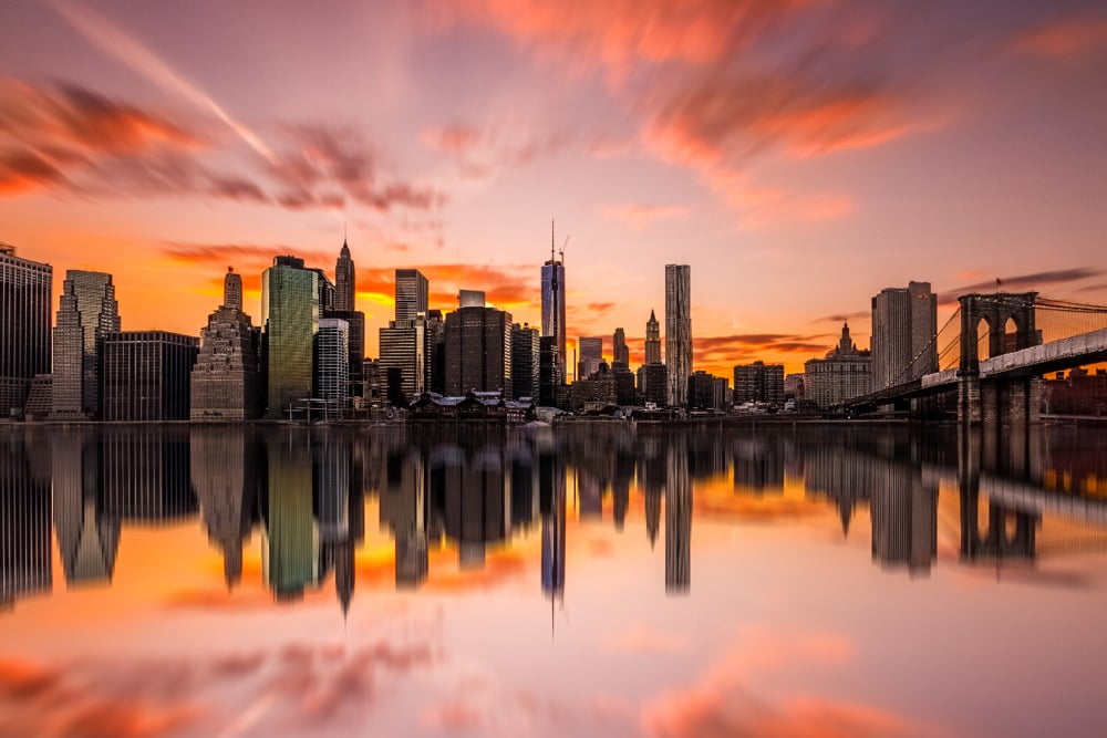 New York City, NY, Skyline Reflection and Sunset (9x12 Wall Art Print