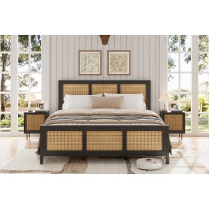 Queen Size Bed Frame with Headboard - Boho Rattan Platform Bed Frame with Reinforced Metal Slats | No Box Spring Required | Sturdy Noise-Free Design for Quiet Sleep | Easy Assembly Modern Bedroom Furn