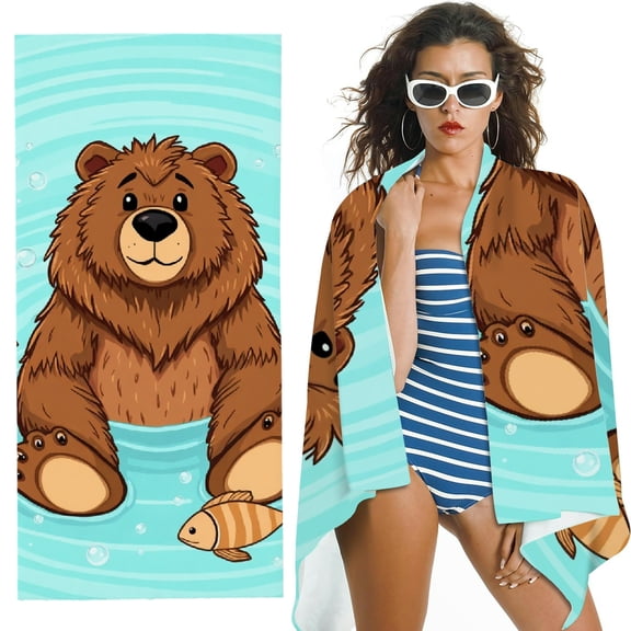 RKSupls Cute Bear Swimming Microfiber Beach Towel, Extra Large Quick Dry Lightweight Towel for Travel Swimming Camping, Soft Super Absorbent- 30x60 in