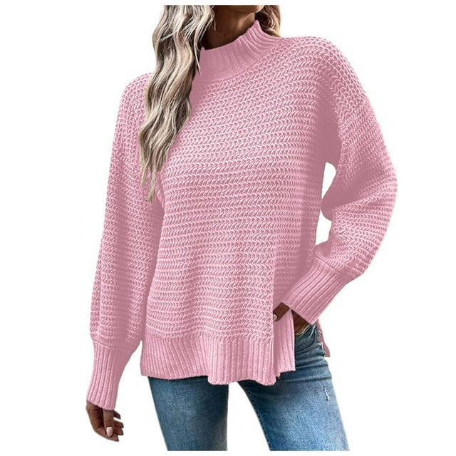 aDJFDGT Open Knit Sweaters for Women Summer Ladies' Loose Pullover Sweater Round Neck Split Hem Sleeve Solid Color Knit Sweater