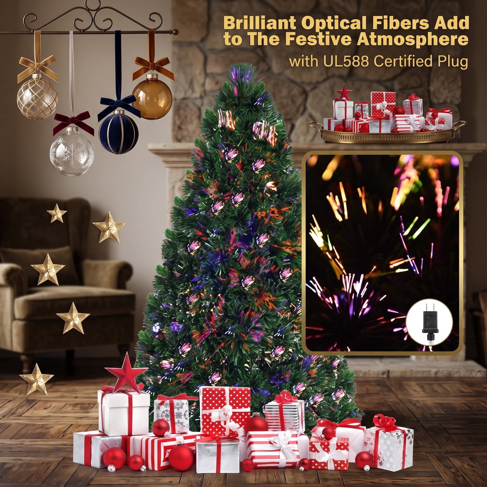 RUIE 6 FT Fiber Optic Artificial Christmas Tree, Pre-Lit PVC Xmas Tree with 220 Tips, 7-Color Changing LED Lights and Plastic Stand for Indoor Holiday Decoration, Green