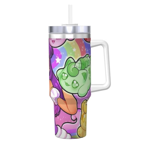 Aphmau 40 OZ Ice Bully Cup with Handle Straw, Double Wall Stainless Steel Tumbler Travel Coffee Cup with Lid, Insulation and Cooling Cup for Birthday Present