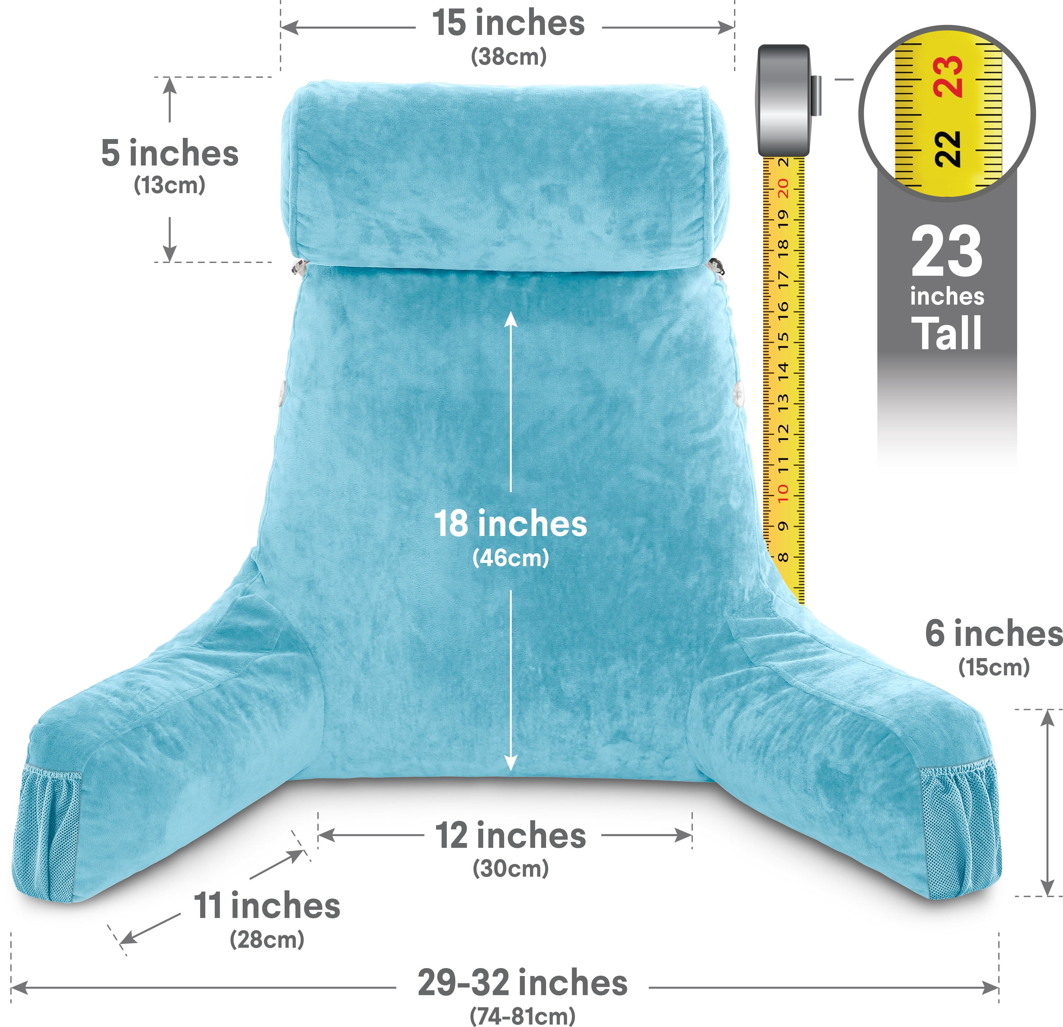 Husband Pillow Medium Carolina Blue, Backrest for Kids, Teens, Petite Adults - Reading Pillows With Arms, Adjustable Plush Memory Foam, Bed Rest Chair Sitting Up, Detach Neck Roll, Removable Cover