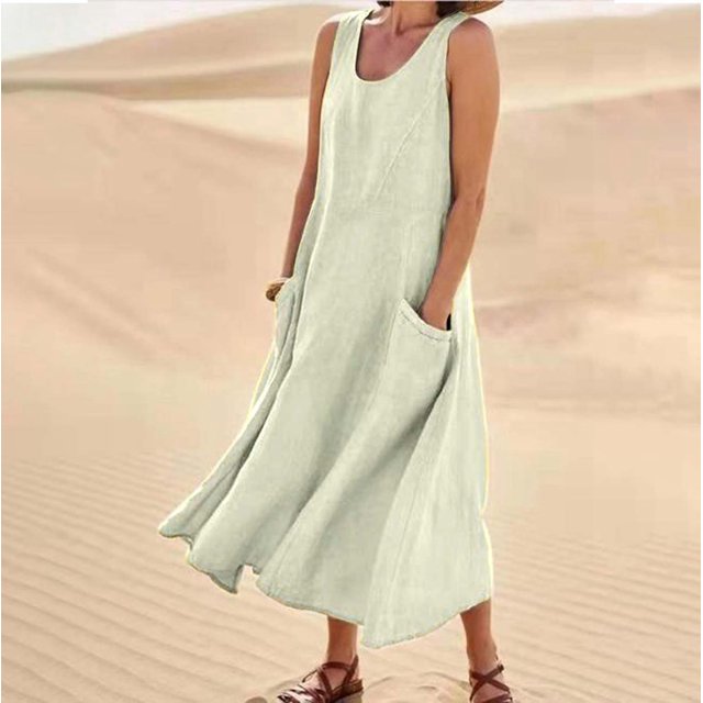 WILLBEST Vestidos De Verano Vestido Largo Informal De Lino De Color Liso Sin Mangas Con Cuello Redondo Y Bolsillos Para Mujer