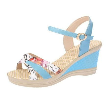 

TUOBARR Wedge Sandals Women s Summer Thick-bottomed Fish-mouth One-line Sandals With Wedge Heels Light Blue