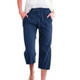 thumbnail image 3 of Petite Capri Pants for Women with Pockets - High Waist Elastic Drawstring Lightweight Capris Casual Loose Fit Summer Beachwear Clothing Navy, Size L, 3 of 5